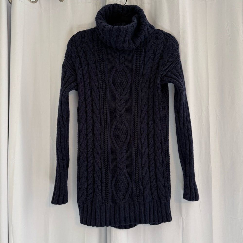 Athleta 100% Merino Wool Cable Knit Turtleneck Sweater Navy Women’s Small - Picture 2 of 11